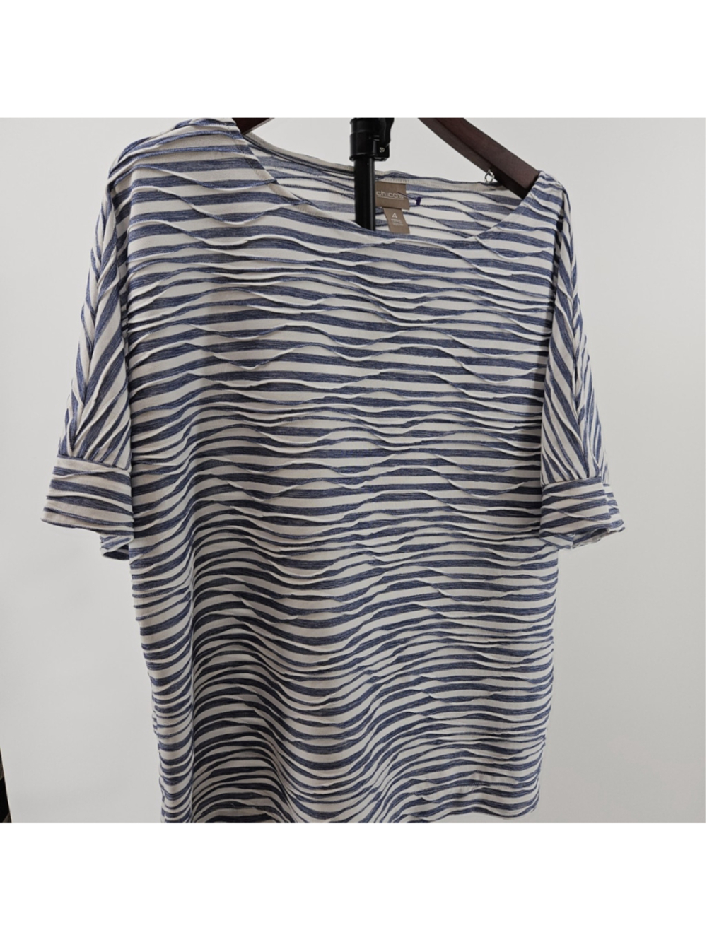 Chico’s Women’s Blue & White Textured Stripe Top – Size 4